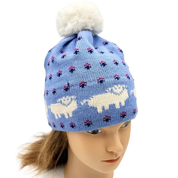 VTG MIMI'S SKI HATS Blue Sheep Pom Beanie Hand Knit Wool Vermont USA Winter Cap - Picture 1 of 7